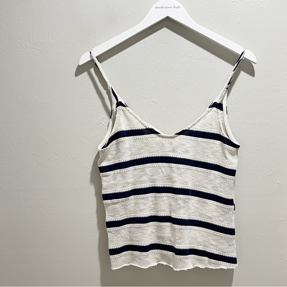 SADIE & SAGE Women’s Ivory Blue Knit Striped Tank Cropped Tie Back USA Size Sz S